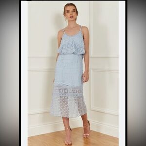 Foxiedox Ellie Lace Midi Dress Blue Spaghetti Strap Ruffle Wedding Guest Small